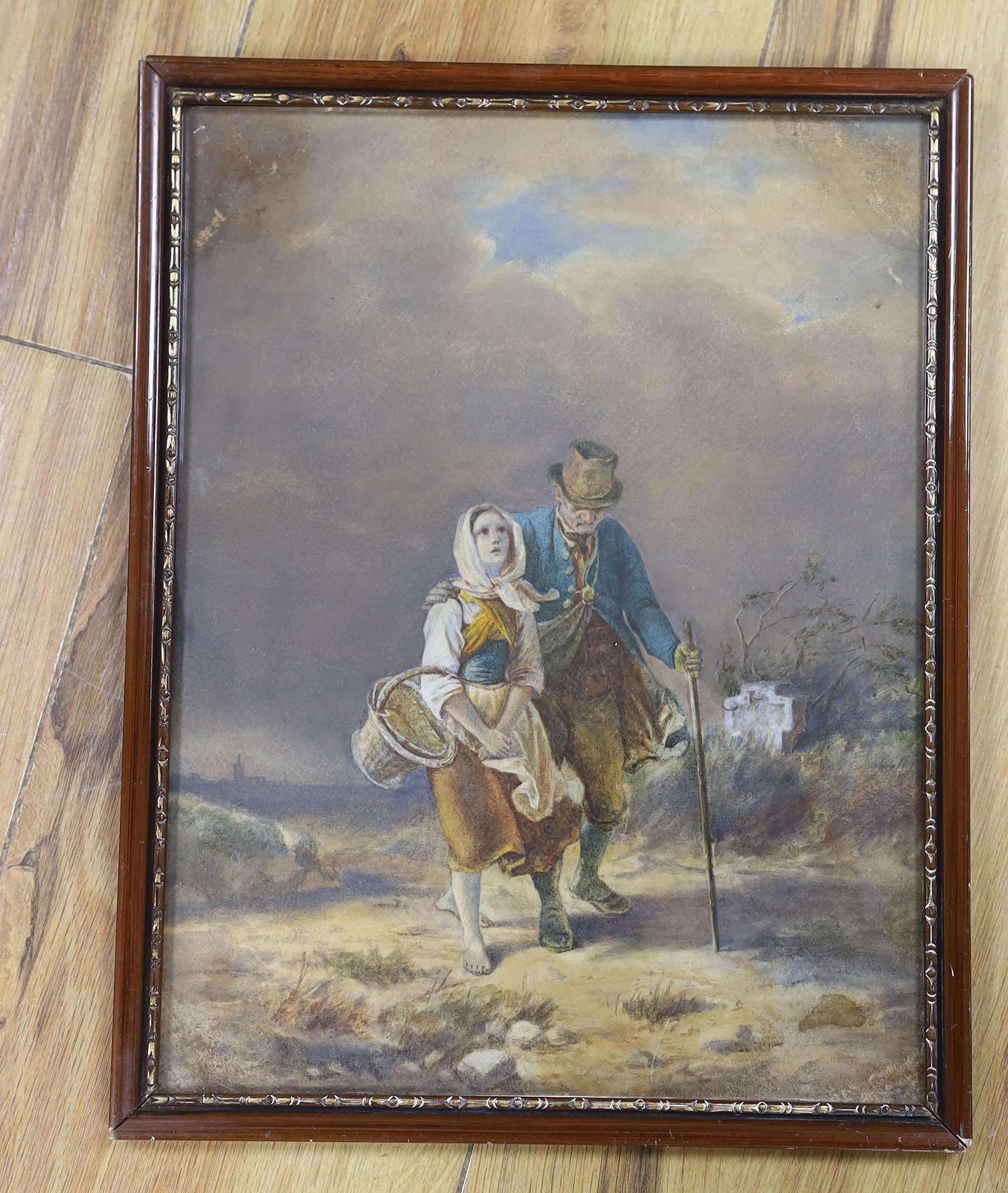 19th century English school, watercolour, Peasant girl leading a blind man along a track, 29 x 22cm